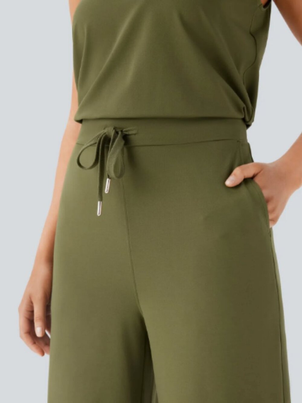 Halara Round Neck Sleeveless Drawstring Pocket Casual Jumpsuit Olive Medium NWT - Picture 5 of 8